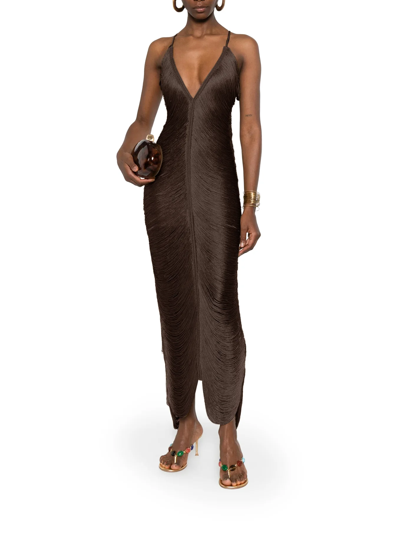 LONG SOLÉ DRESS WITH FRINGES AND V-NECK - Image 2