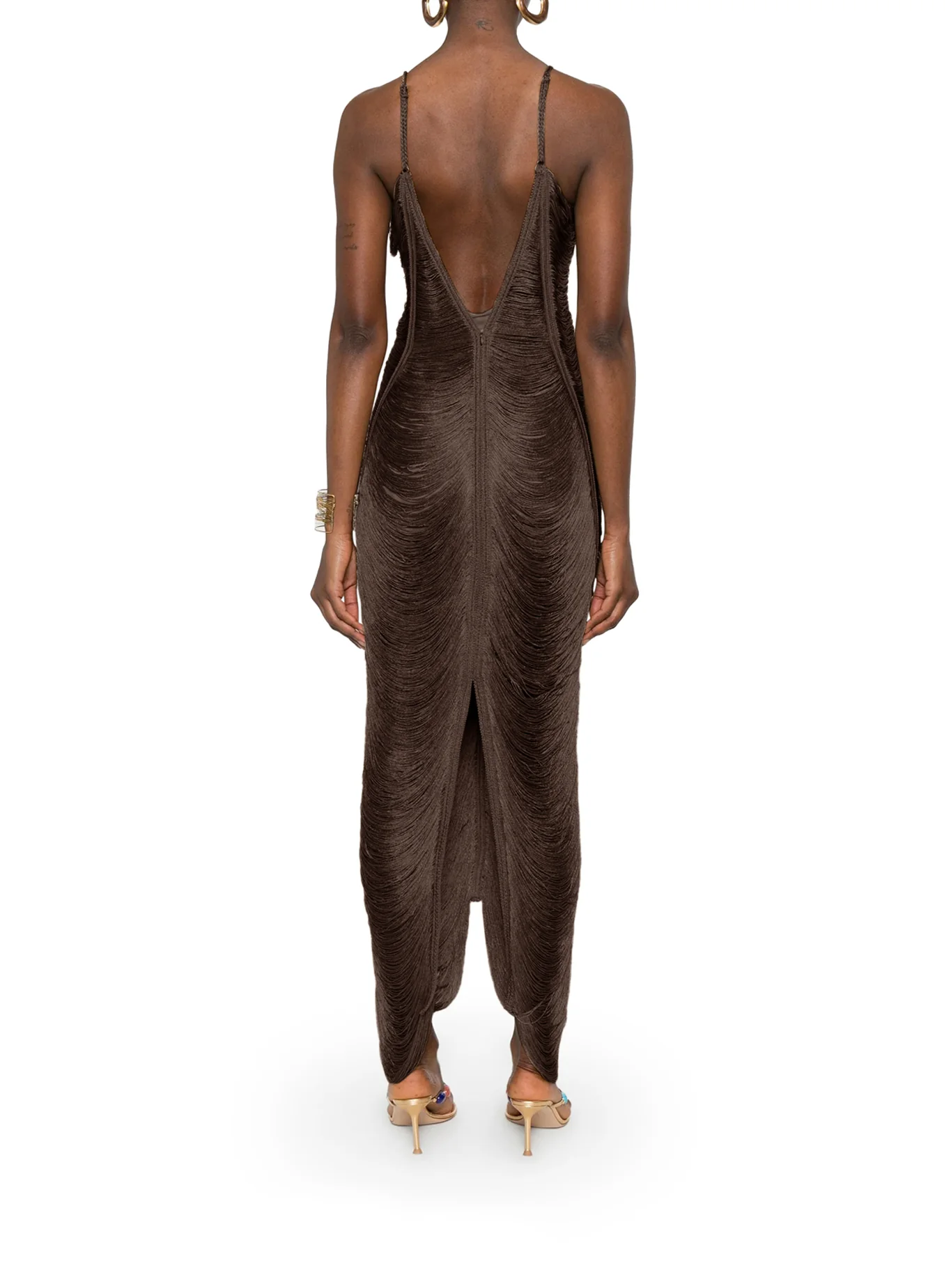 LONG SOLÉ DRESS WITH FRINGES AND V-NECK - Image 3
