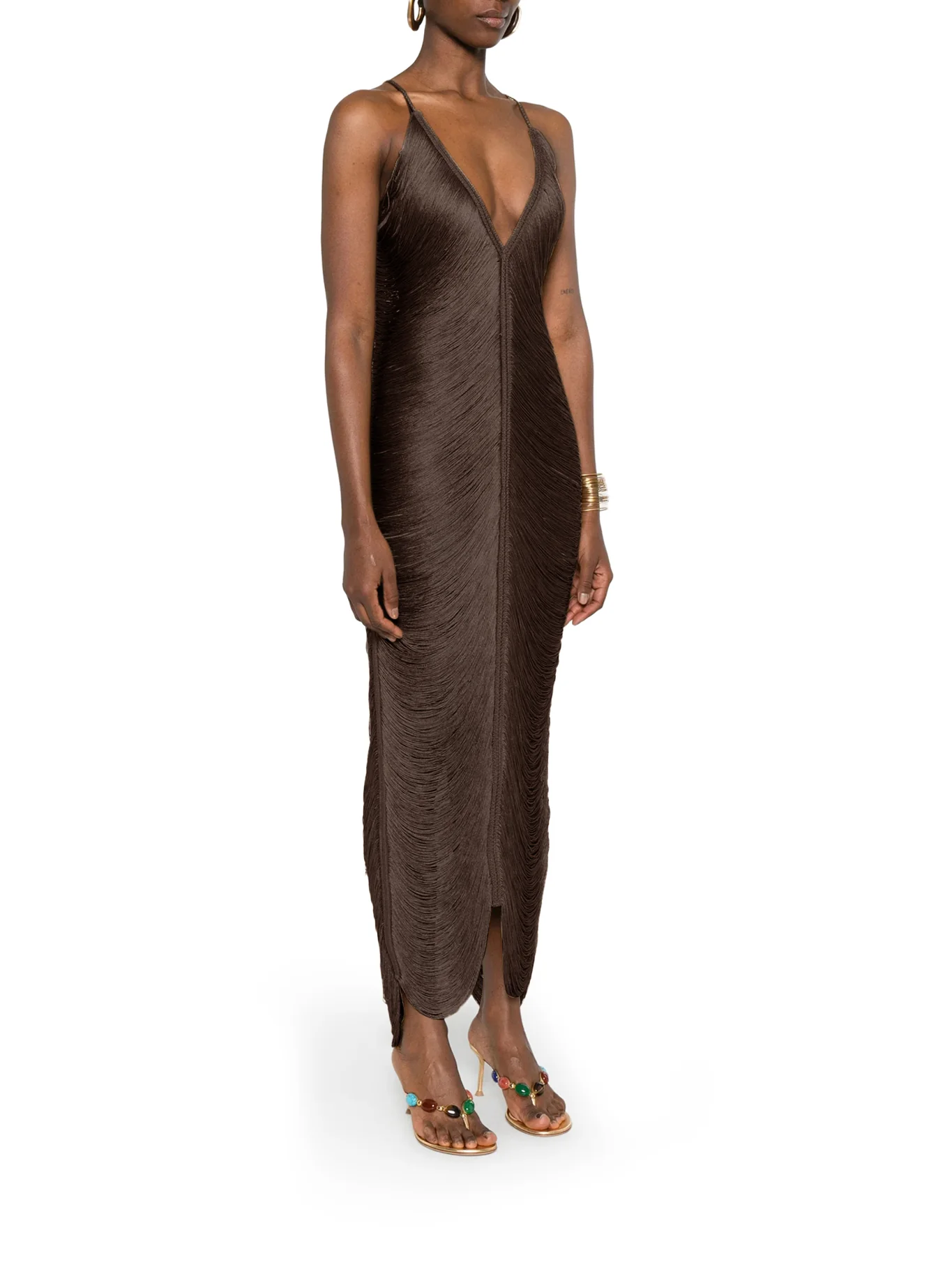 LONG SOLÉ DRESS WITH FRINGES AND V-NECK - Image 4