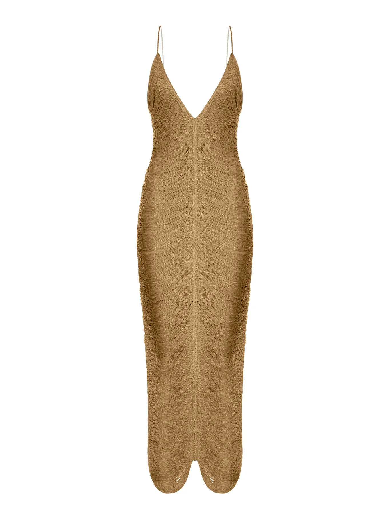 LONG SOLÉ DRESS WITH FRINGES AND V-NECK