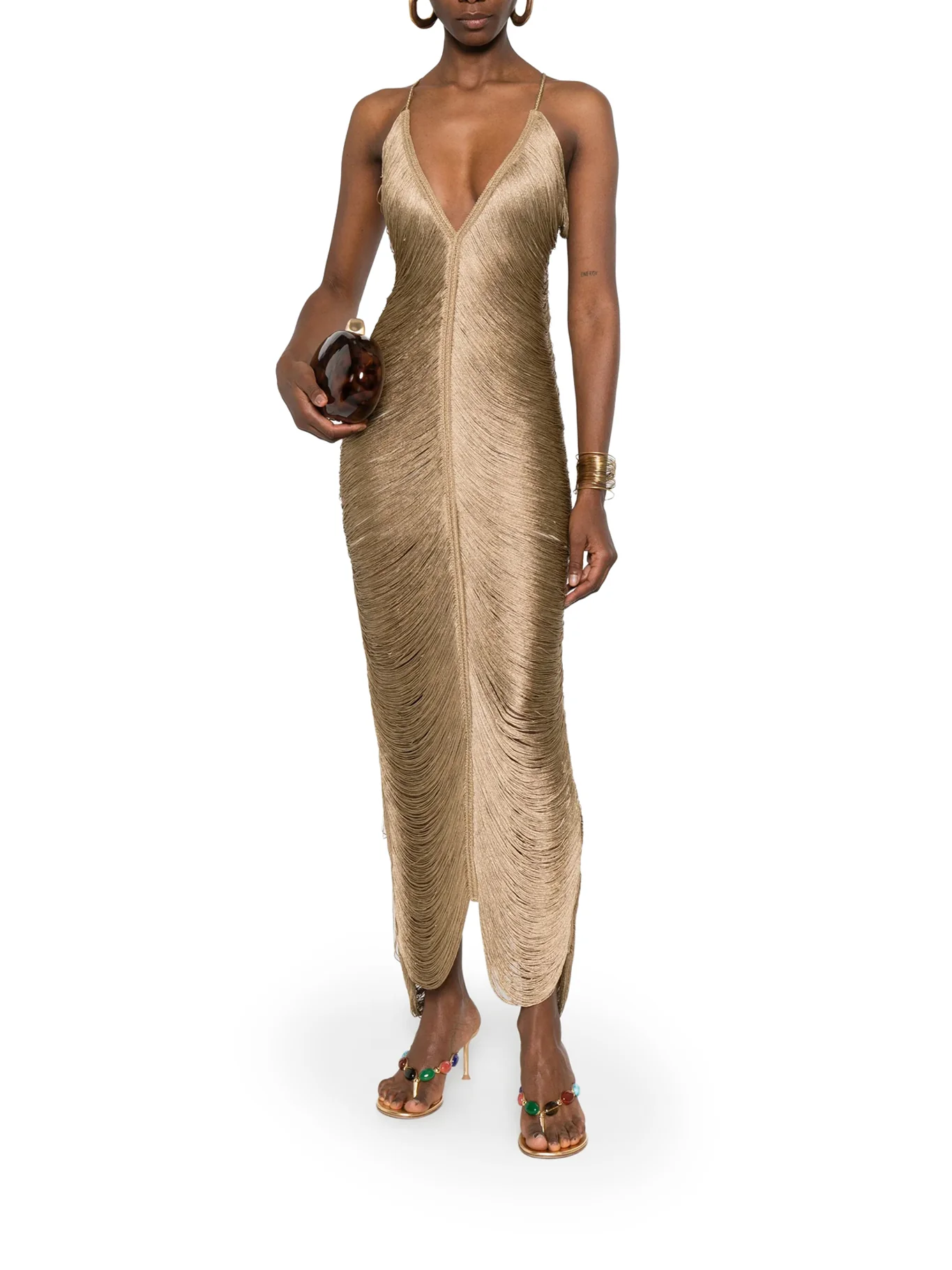 LONG SOLÉ DRESS WITH FRINGES AND V-NECK - Image 2