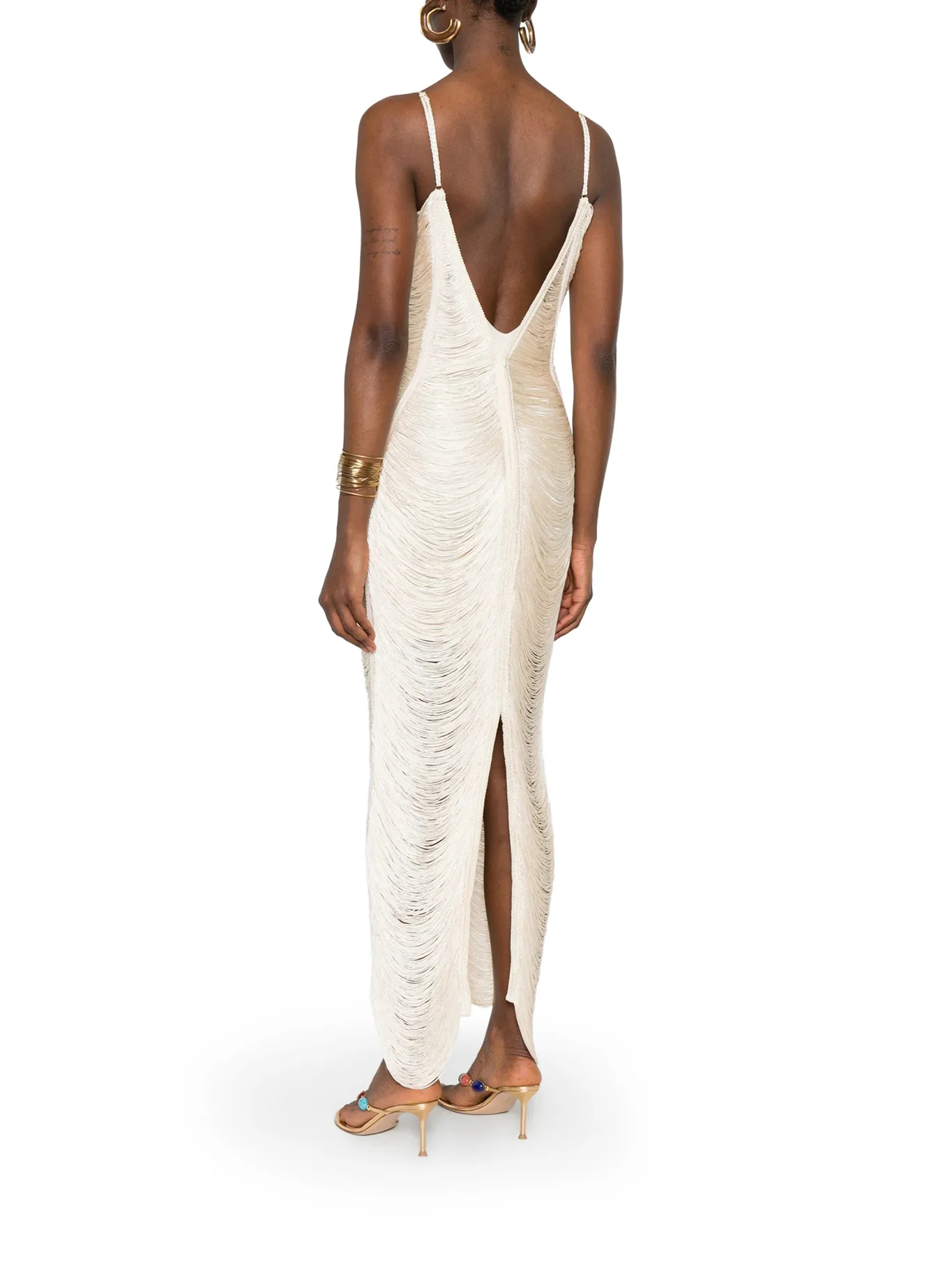 LONG SOLÉ DRESS WITH FRINGES AND V-NECK - Image 3