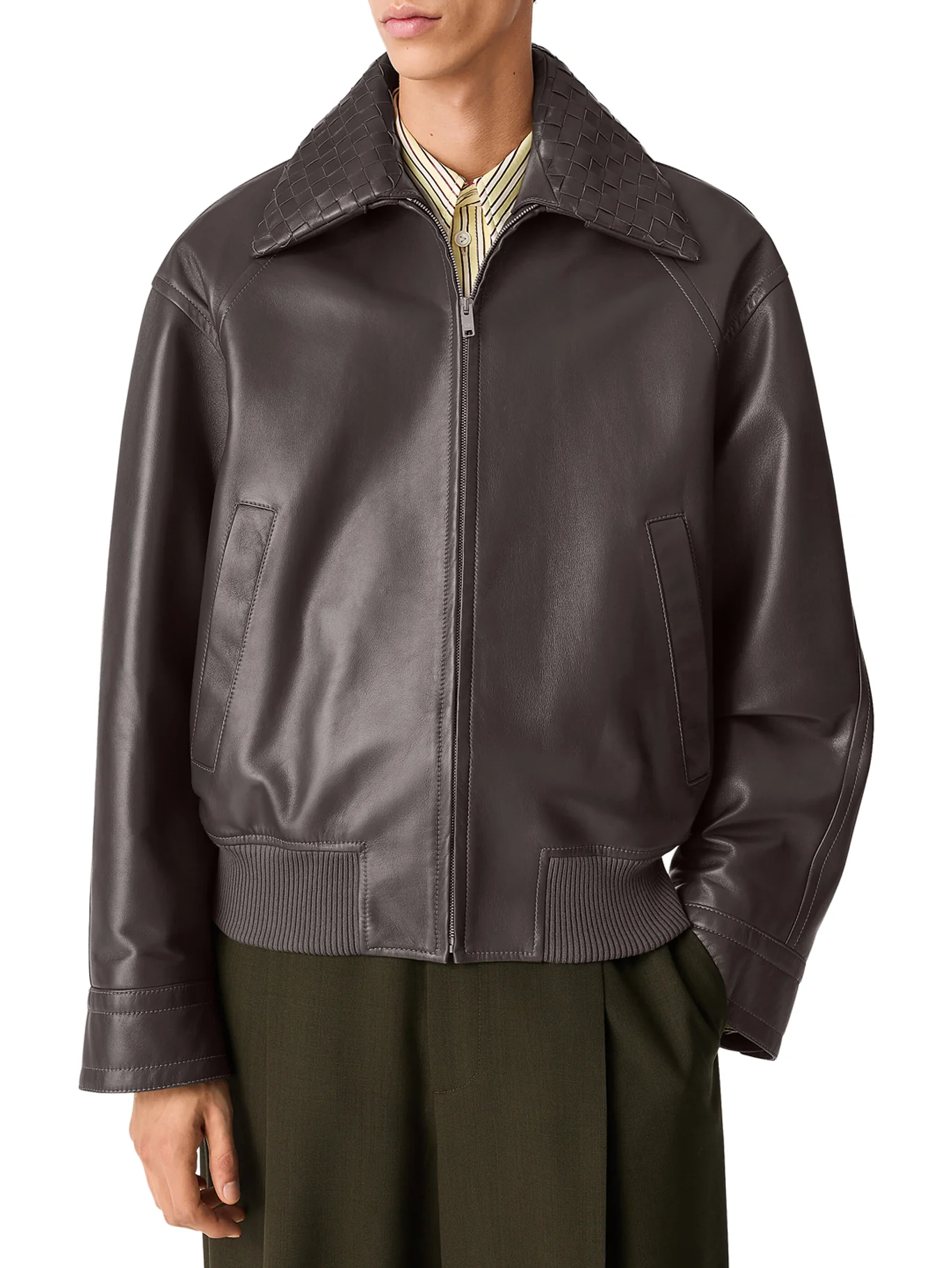 LEATHER JACKET WITH WOVEN COLLAR - Image 3