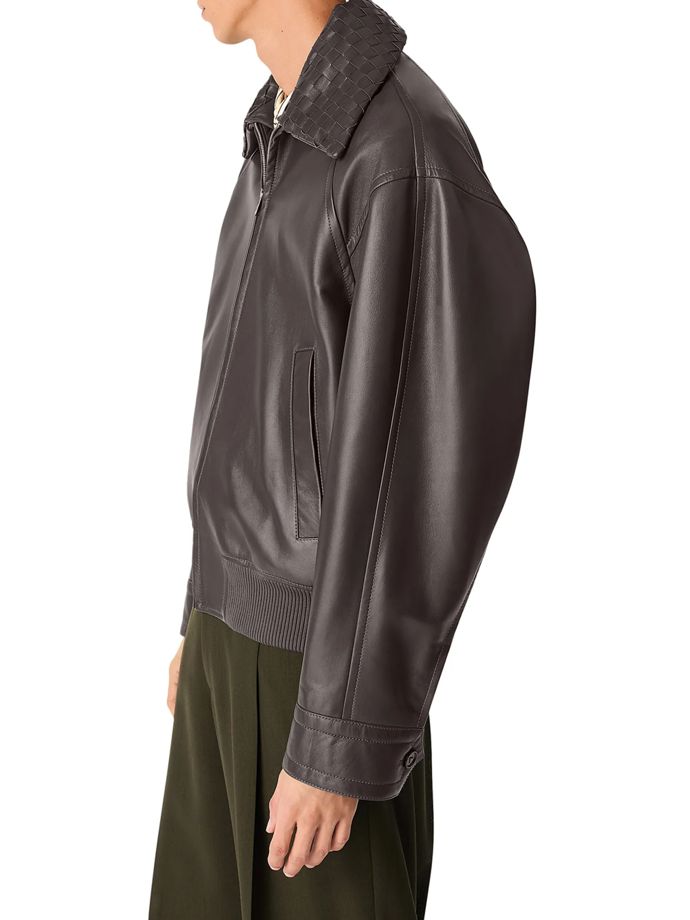 LEATHER JACKET WITH WOVEN COLLAR - Image 5