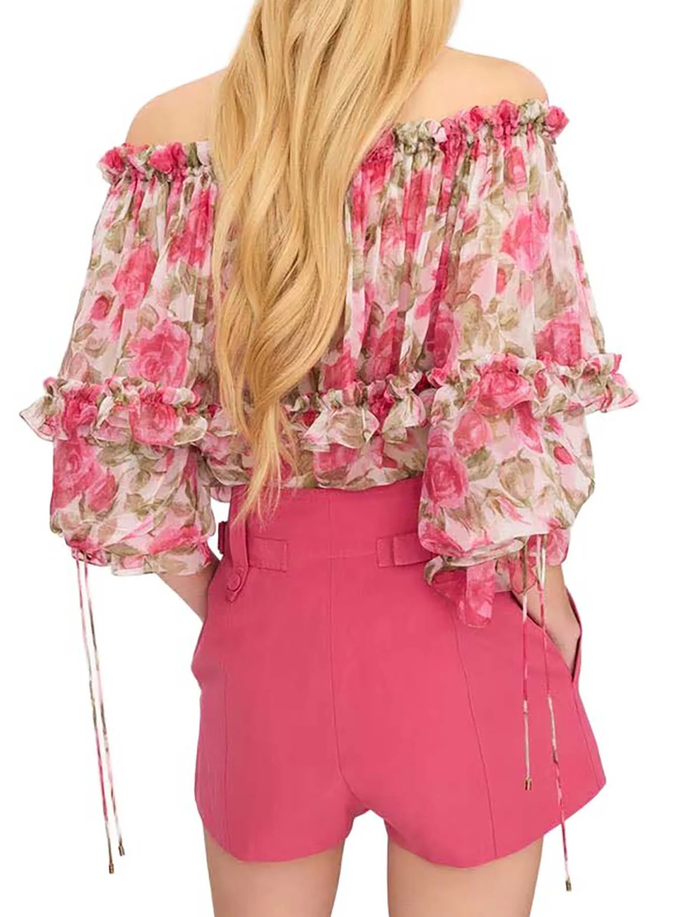 OFF-THE-SHOULDER TOP WITH PUFF SLEEVES IN SILK MUSLIN - Image 4