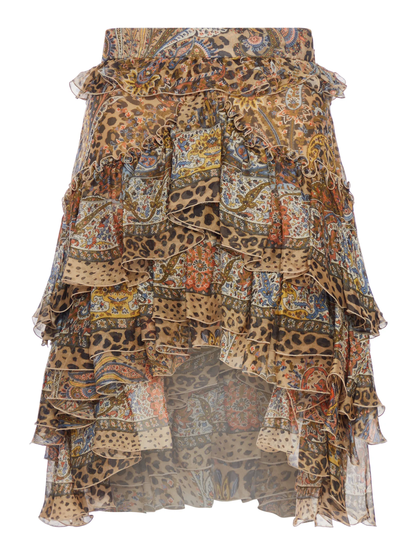 PAISLEY AND ANIMAL PRINT SILK RUFFLED MINI SKIRT