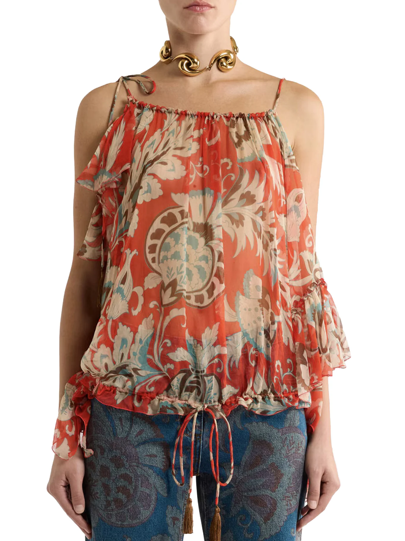 SINGLE-SLEEVED SILK TOP WITH FLORAL PATTERN - Image 3