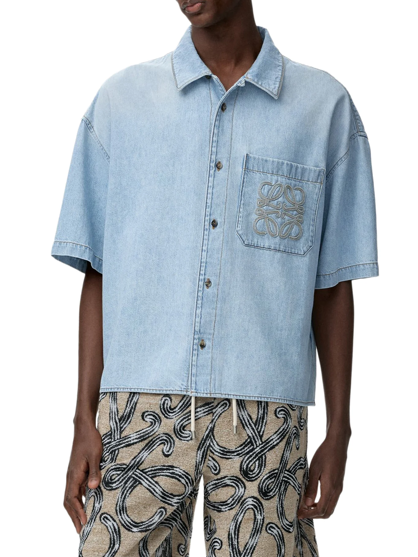 SHORT-SLEEVED DENIM SHIRT WITH ANAGRAM EMBROIDERY - Image 3