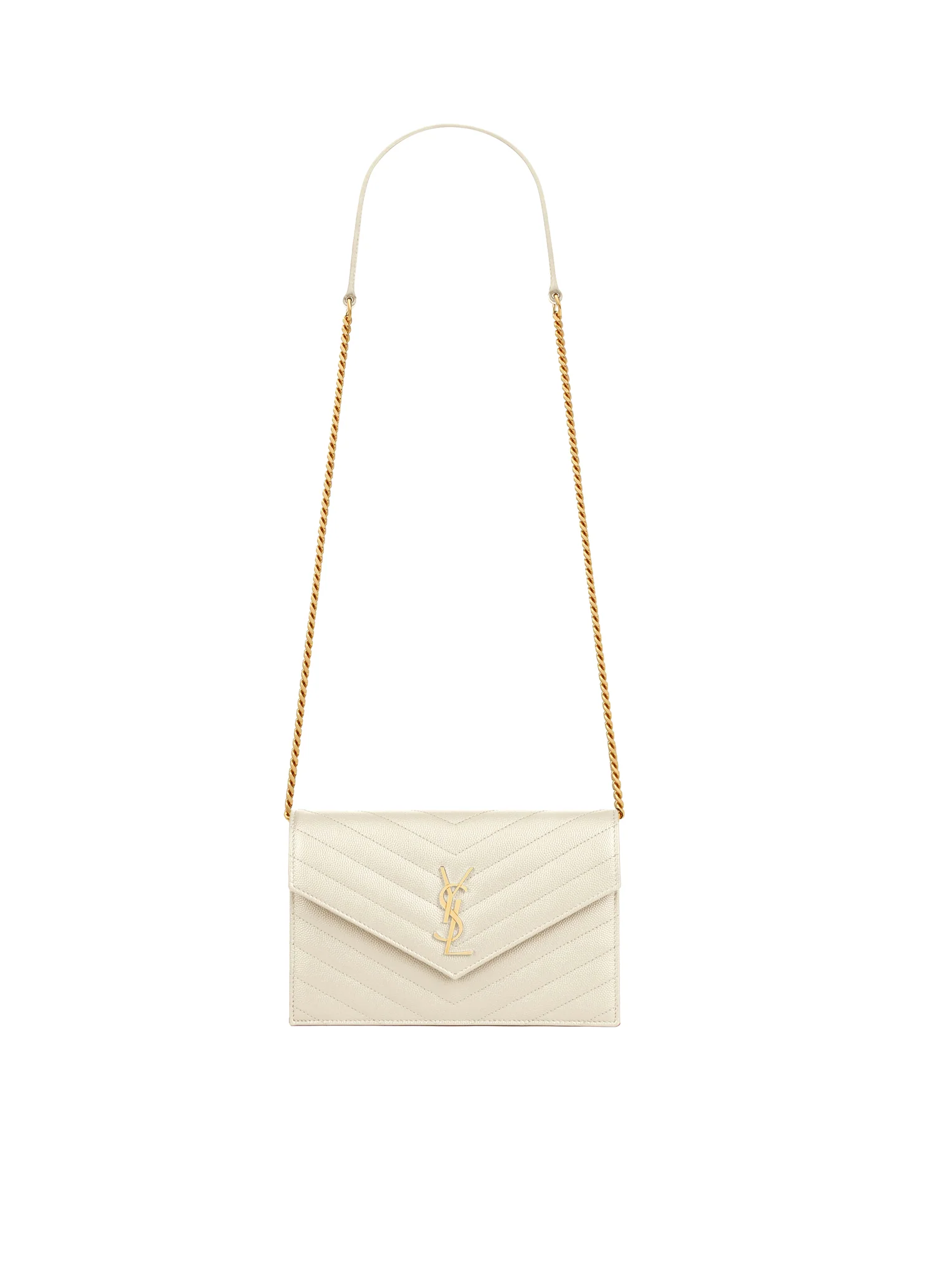 CASSANDRE MATELASSÉ ENVELOPE CHAIN WALLET IN GRAIN DE POUDRE EMBOSSED LEATHER