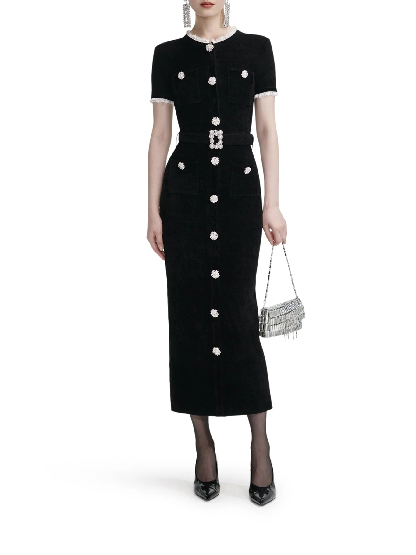 BLACK CHENILLE KNIT MIDI DRESS - Image 2