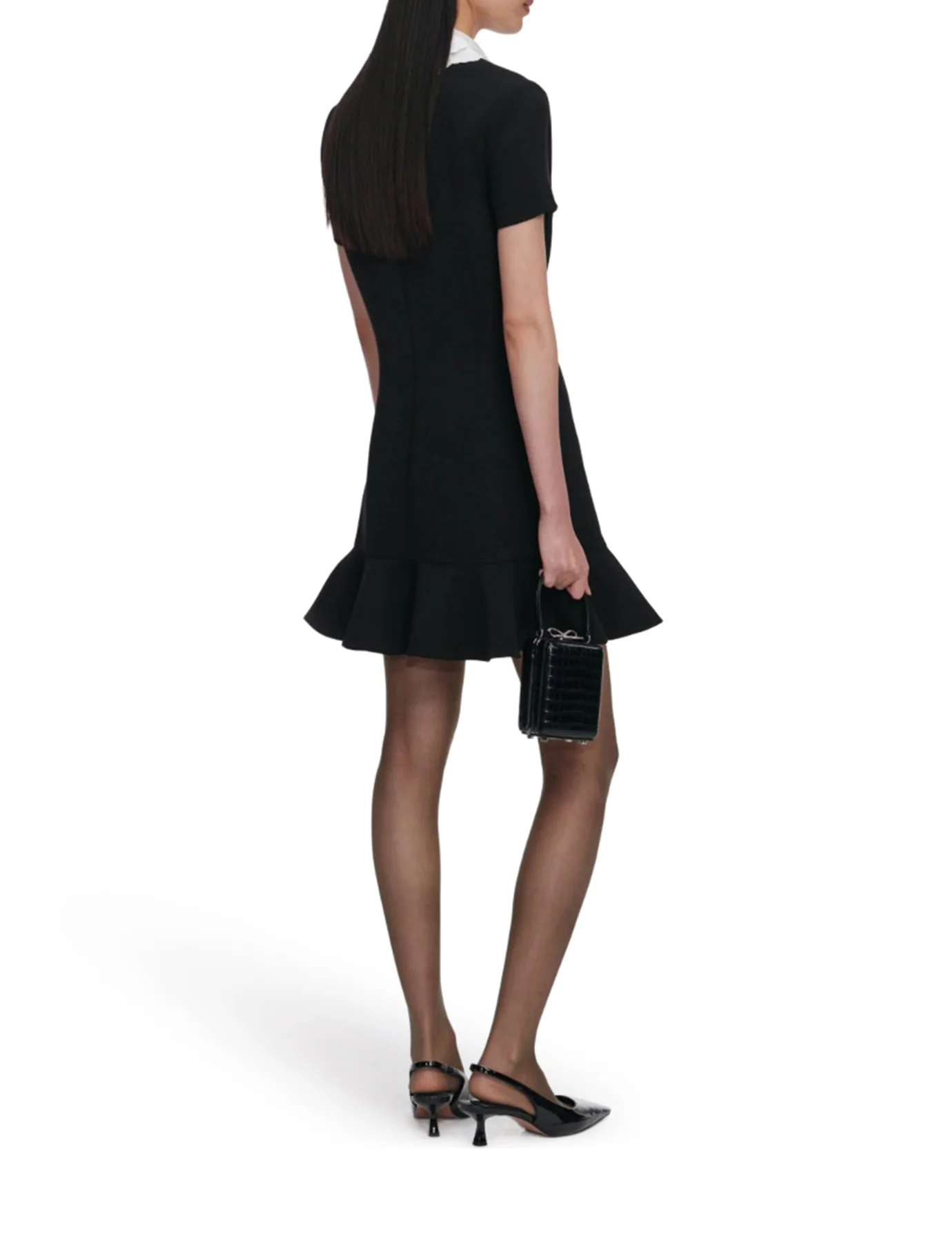 BLACK CREPE LACE BIB MINI DRESS - Image 3