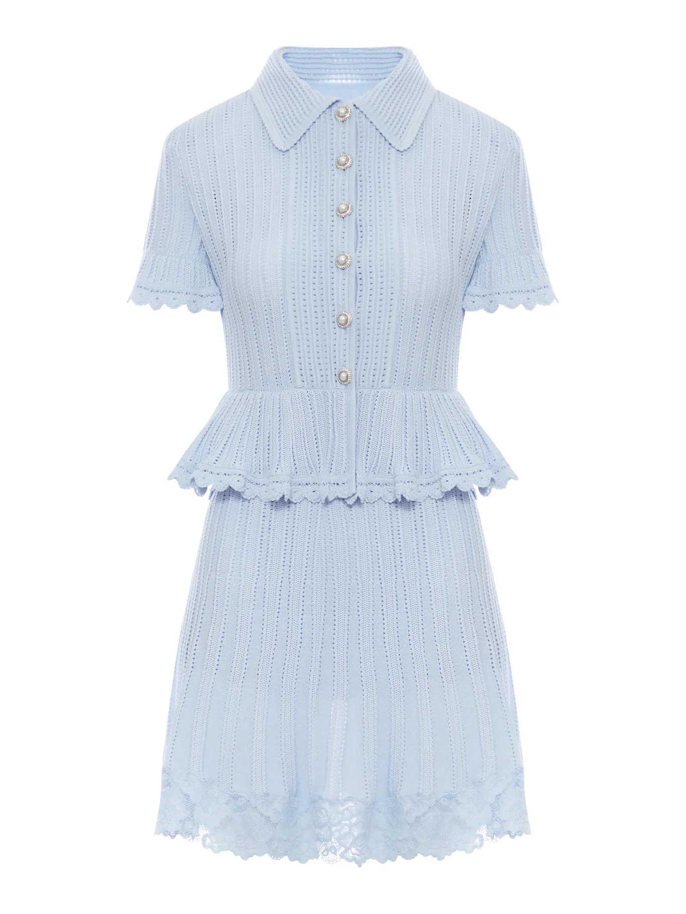 BLUE POINTELLE PEPLUM KNIT MINI DRESS