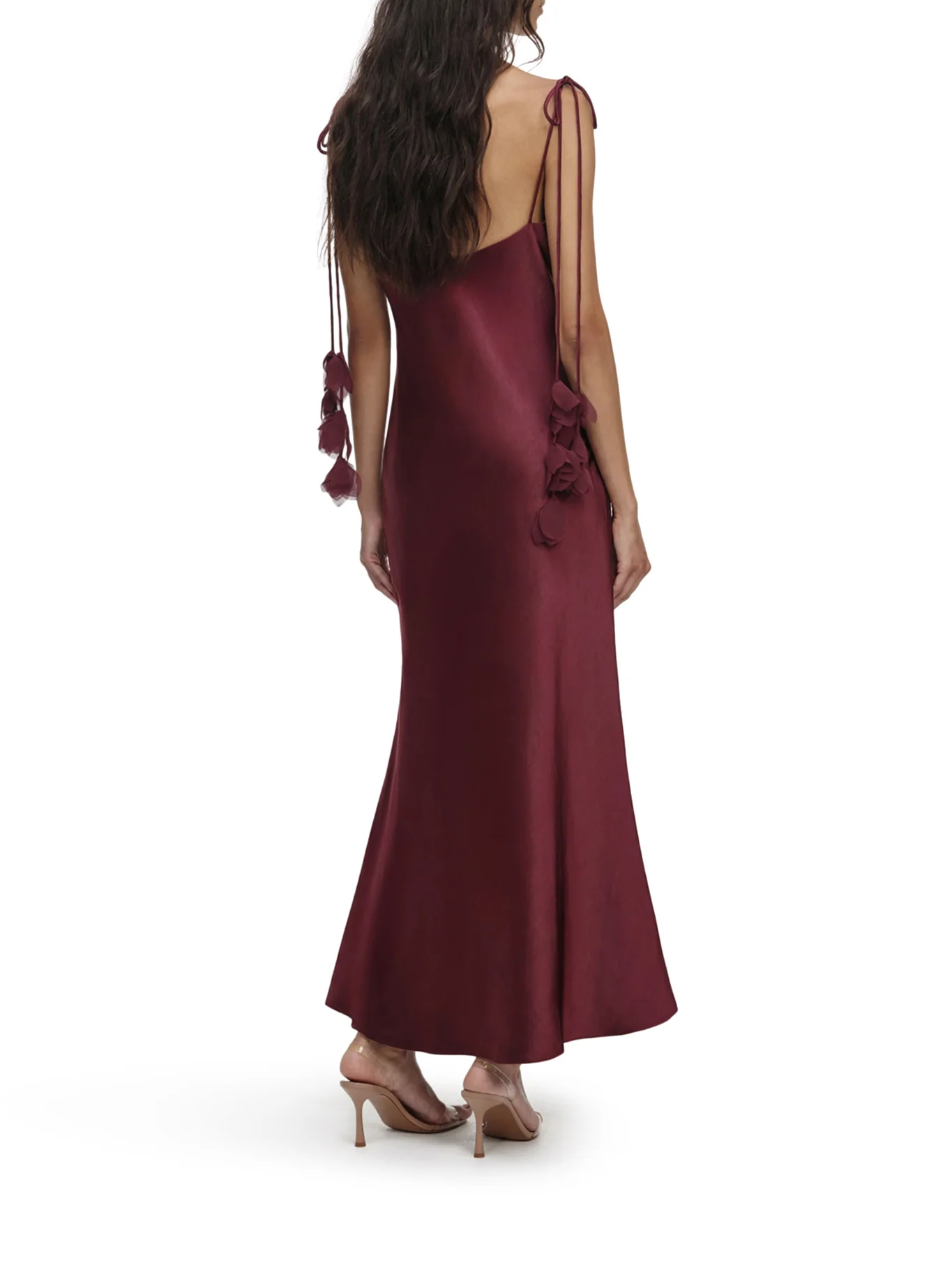BURGUNDY SATIN FLOWER MIDI DRESS - Image 3
