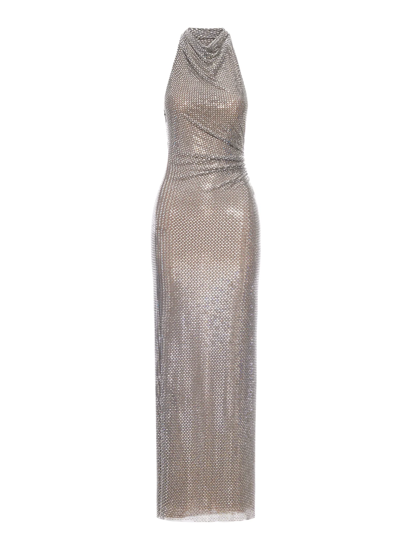 GREY RHINESTONE DRAPE MAXI DRESS
