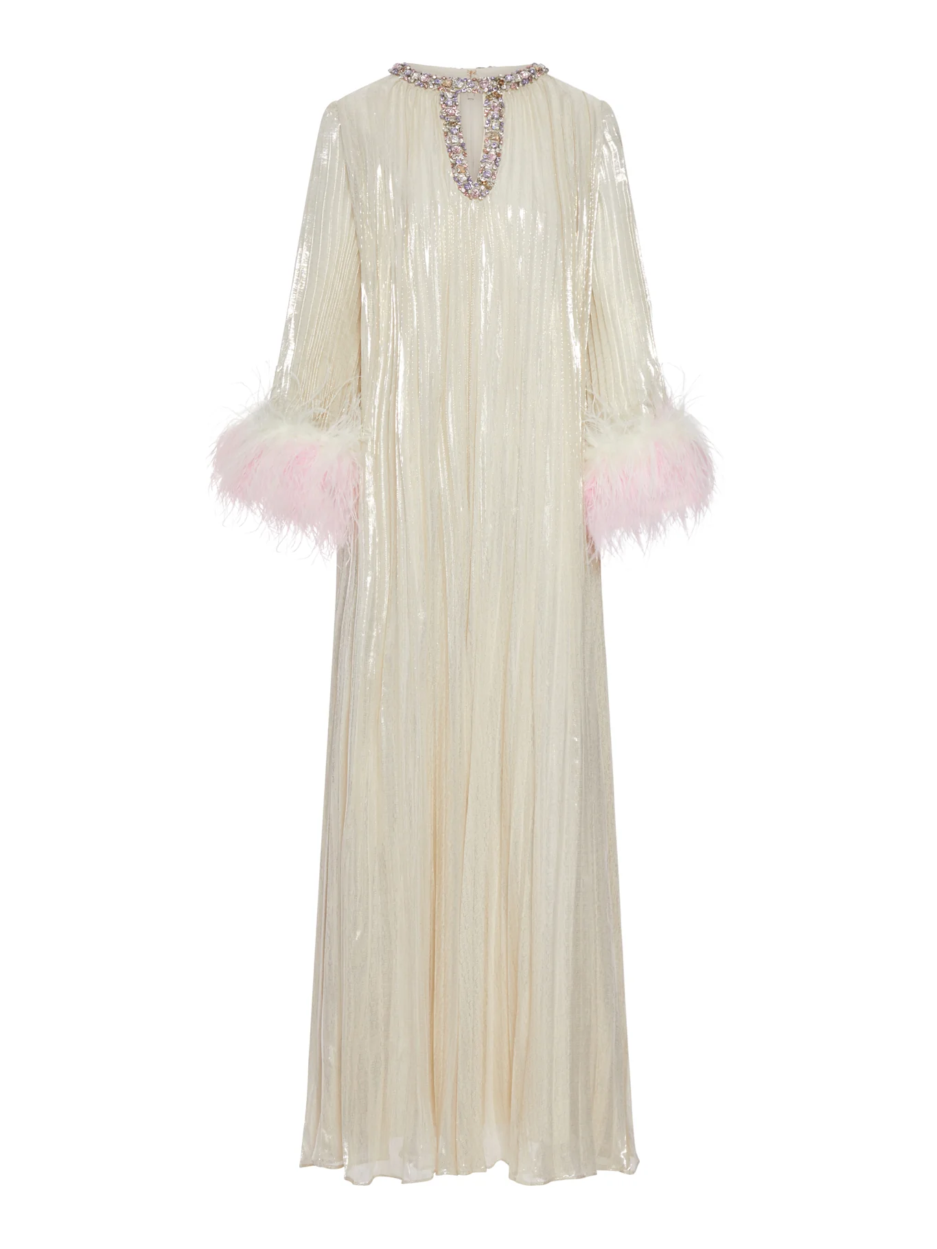 LONG METALLIC DRESS WITH FEATHERS
