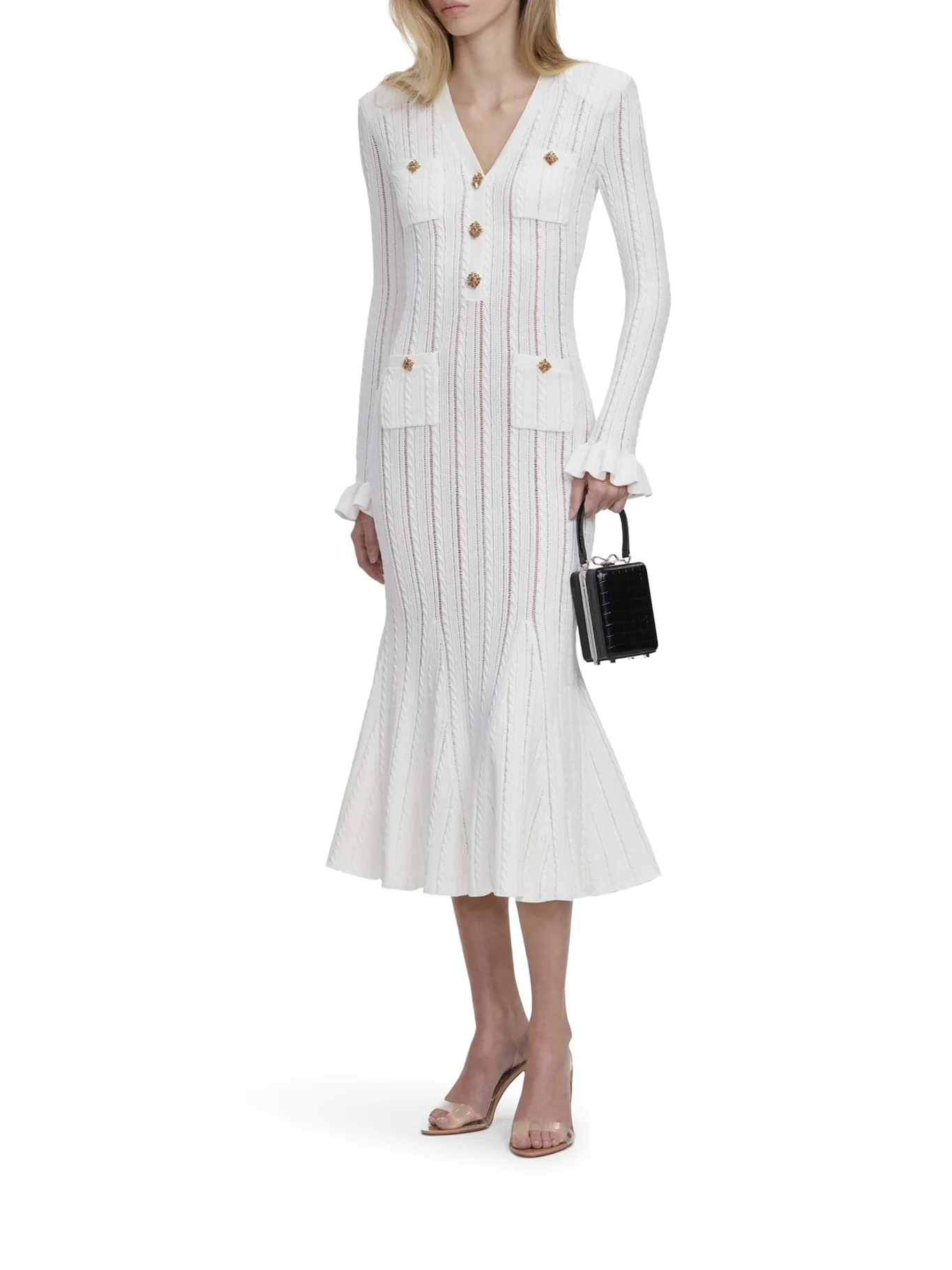 MIDI DRESS IN WHITE OPENWORK KNIT - Image 4