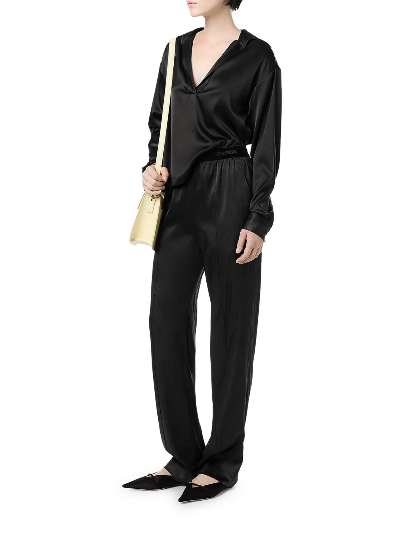 BLACK STRETCH SILK SATIN TROUSERS - Image 2