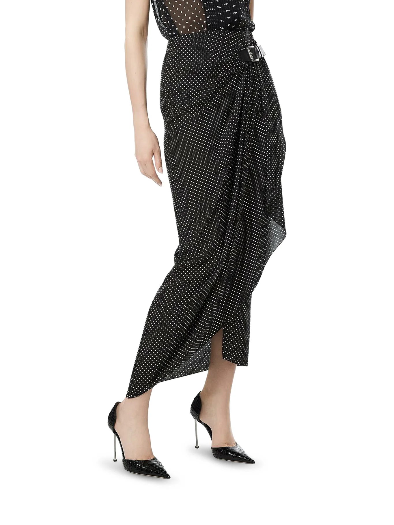 POLKA-DOT SABLE SILK WRAP SKIRT WITH LEATHER DETAIL - Image 3