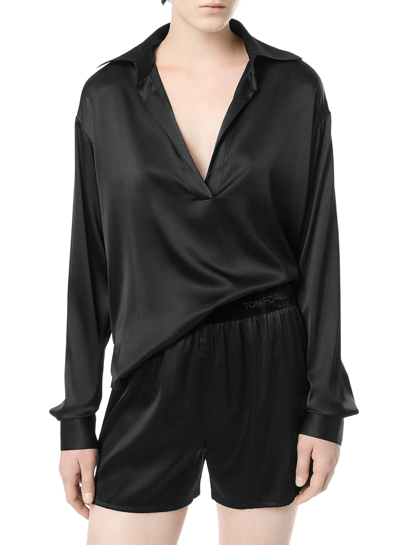 SILK SATIN BLOUSE WITH TF LOGO EMBROIDERED IN TONE-ON-TONE BLACK - Image 2