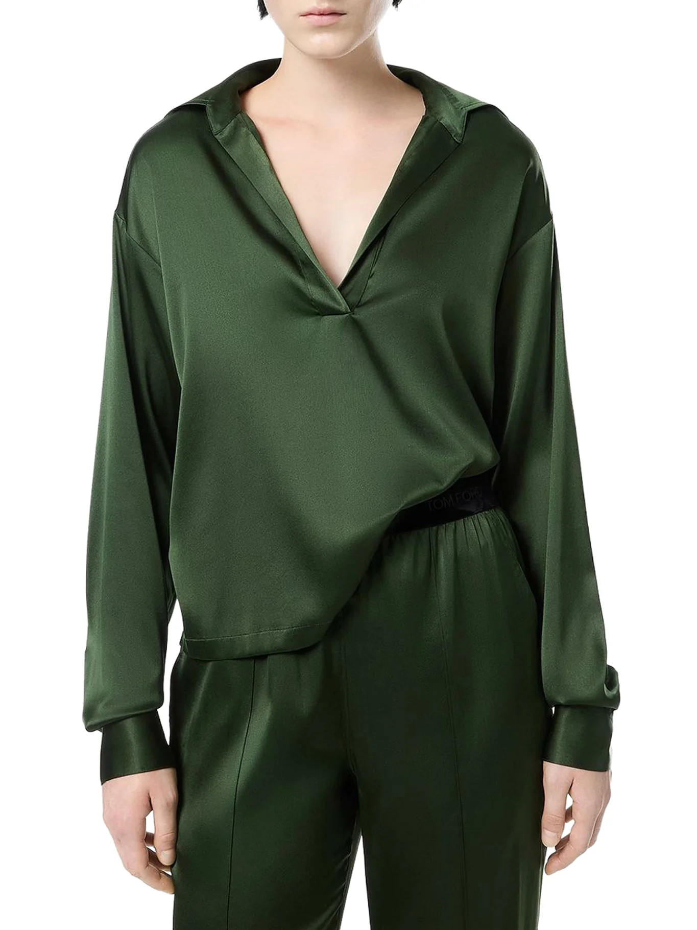 SILK SATIN BLOUSE WITH TF LOGO EMBROIDERED IN TONE-ON-TONE GREEN - Image 3